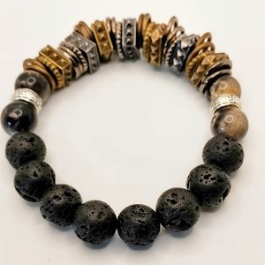 Handmade Male Lava Stone and Multicolored Metal Bead Bracelet